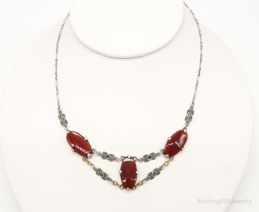 Antique Carnelian Marcasite Sterling Silver Necklace | Jewelry > Necklaces > Pendants | Wiccan Center