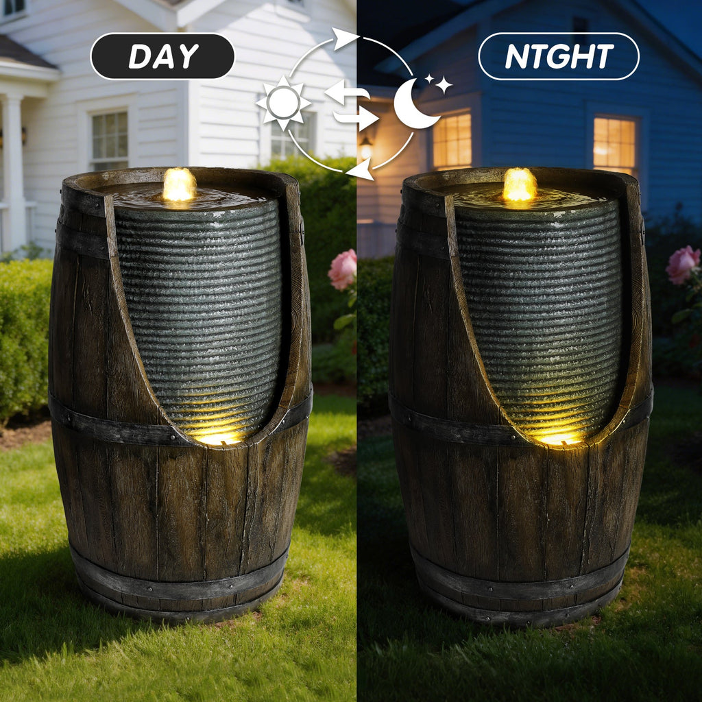 Resin Rustic Barrel Outdoor Water Fountain 24 Inch LED | Outdoor Fountain | Wiccan Center