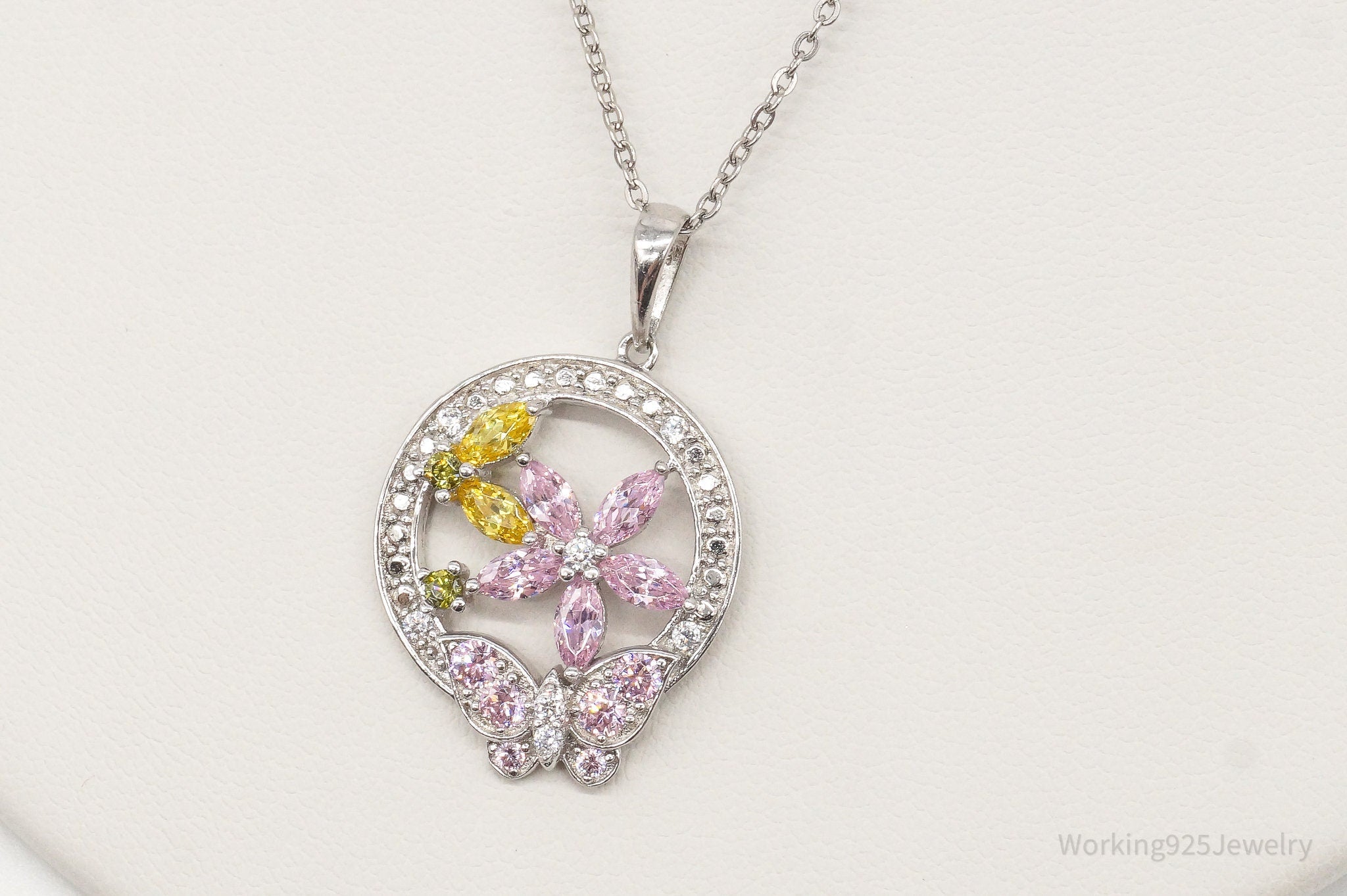 Vintage Multi Color Cubic Zirconia Sterling Silver Flower Necklace | Jewelry > Necklaces > Pendants | Wiccan Center