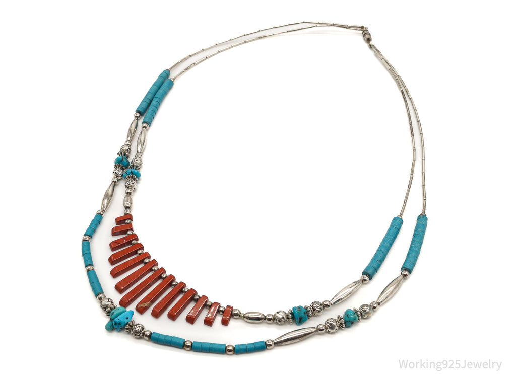 Vintage Native American Red Jasper Blue Turquoise Silver Bead Necklace 24" | Jewelry > Necklaces | Wiccan Center