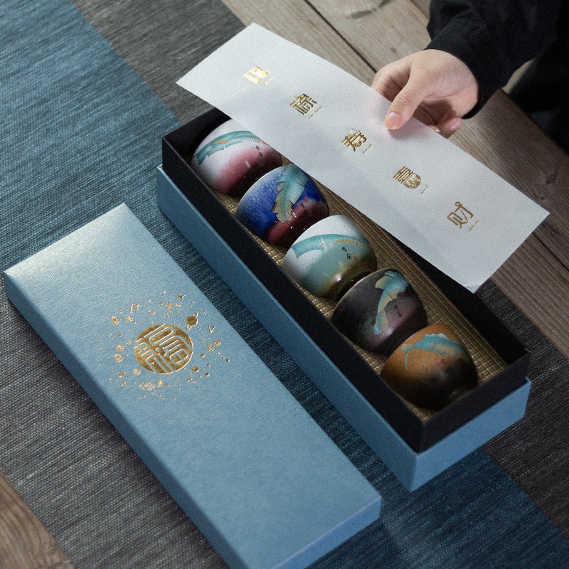 Chinese Kiln Ceramic Set of Five Cups in Gift Packaging