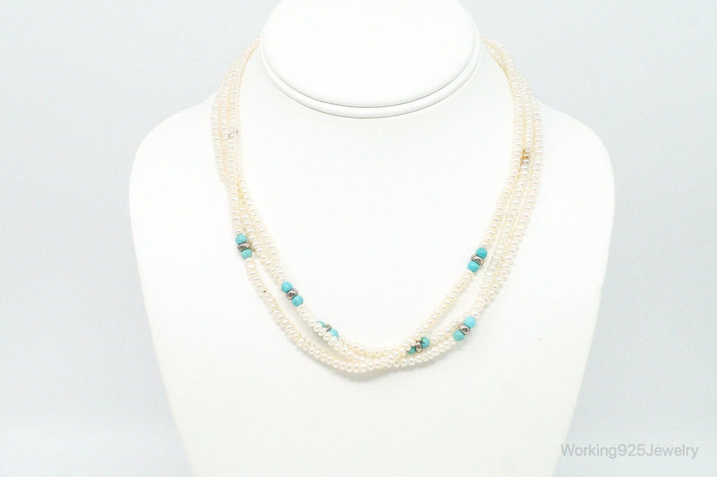 Vintage Native American Turquoise & Pearl Sterling Silver Bead Necklace | Jewelry > Necklaces > Pendants | Wiccan Center