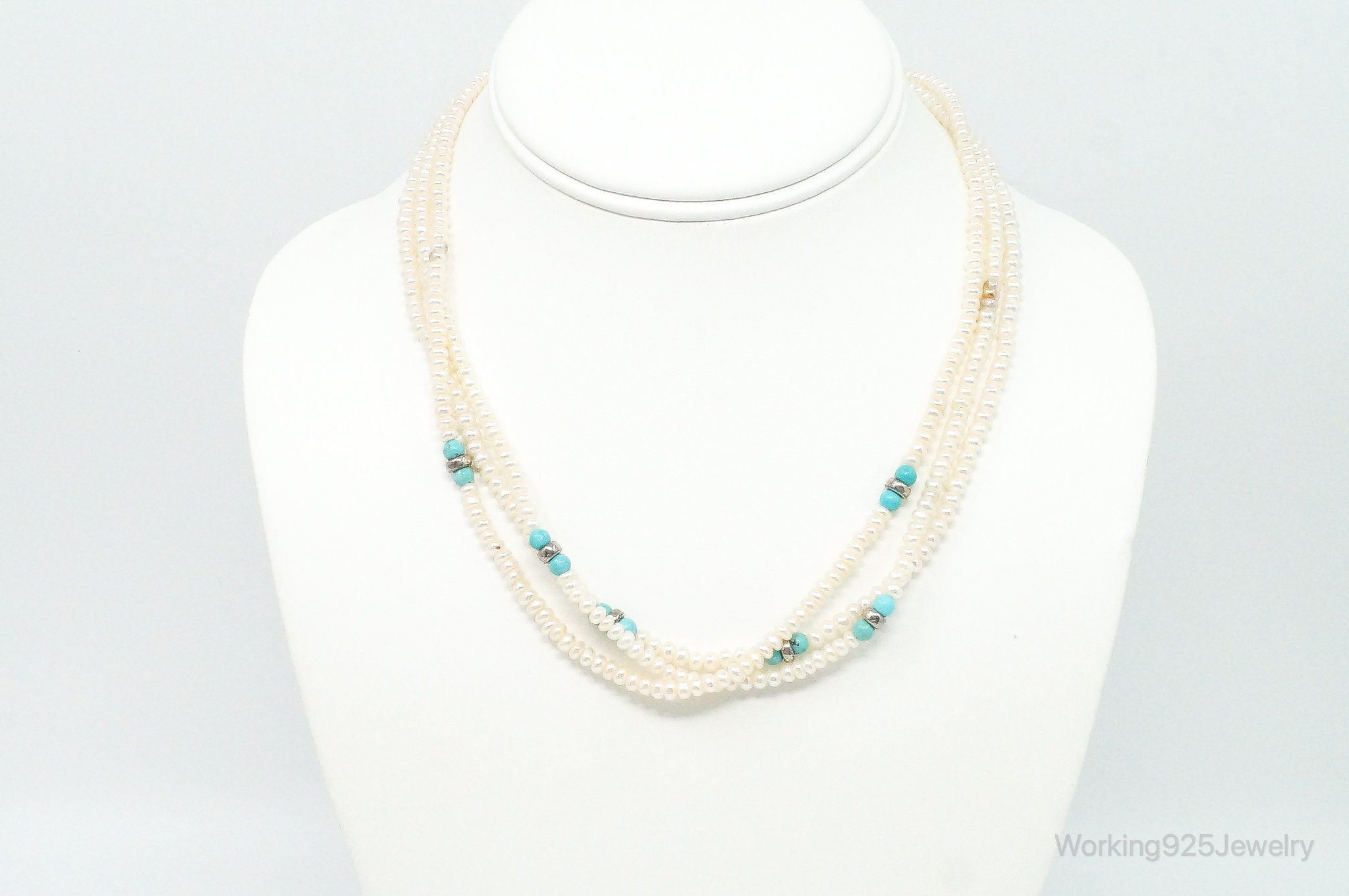 Vintage Native American Turquoise & Pearl Sterling Silver Bead Necklace | Jewelry > Necklaces > Pendants | Wiccan Center