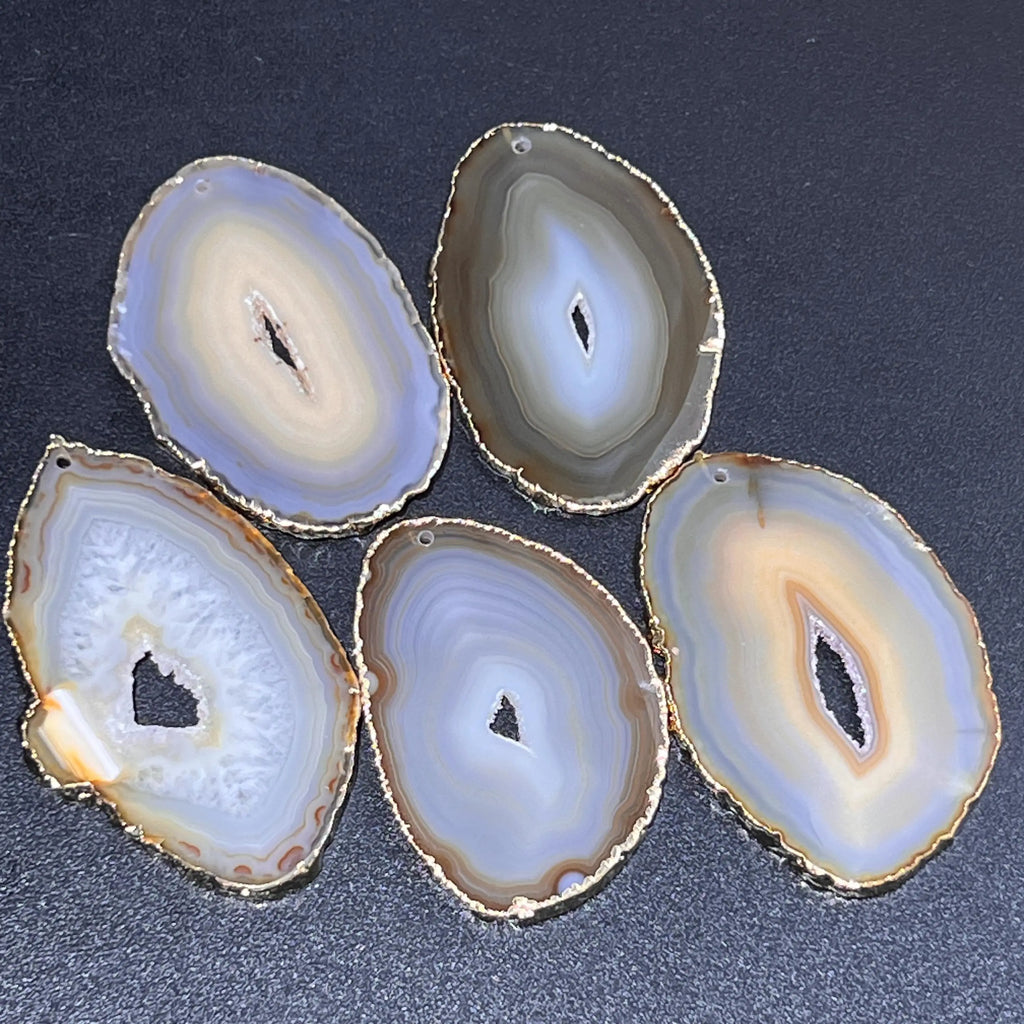 Drilled Hole Natural Gray Brown Agate Slice (2mm Hole)(Gold Plated Edges) Wholesale | Craft Supplies & Tools > Raw Materials > Stones & Rocks > Minerals | Wiccan Center