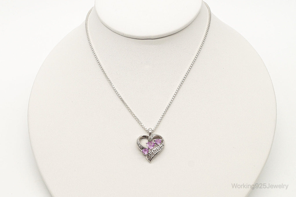 Vintage Pink Topaz Two Diamond Heart Mom Sterling Silver Necklace | Jewelry > Necklaces > Pendants | Wiccan Center