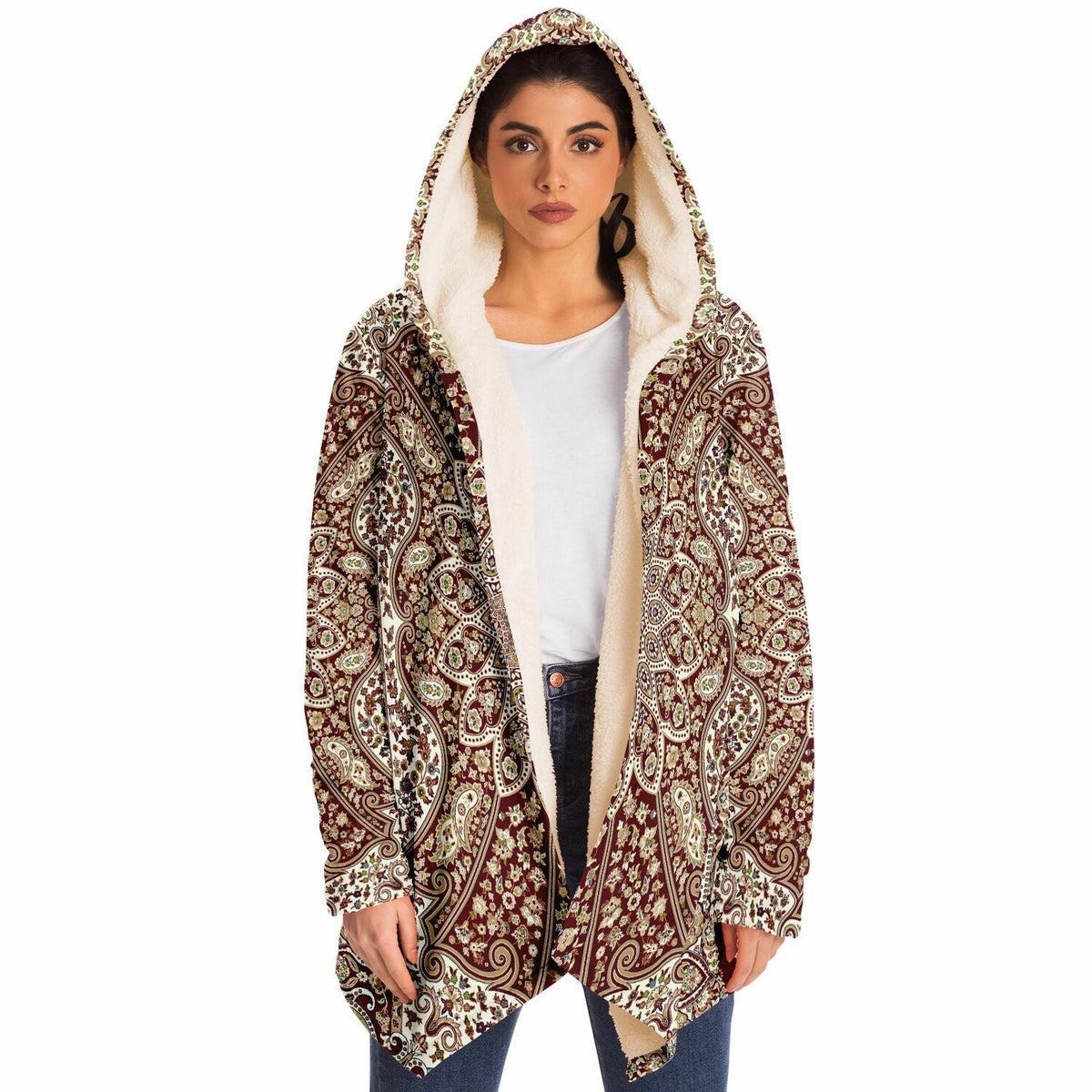 Classic Red Persian Carpet Cuddle Cloak | Unisex Minky Sherpa Lined Hooded Coat | Women and Mens Festival Coat | Mountain Fashion | Microfleece Cloak - AOP | Wiccan Center