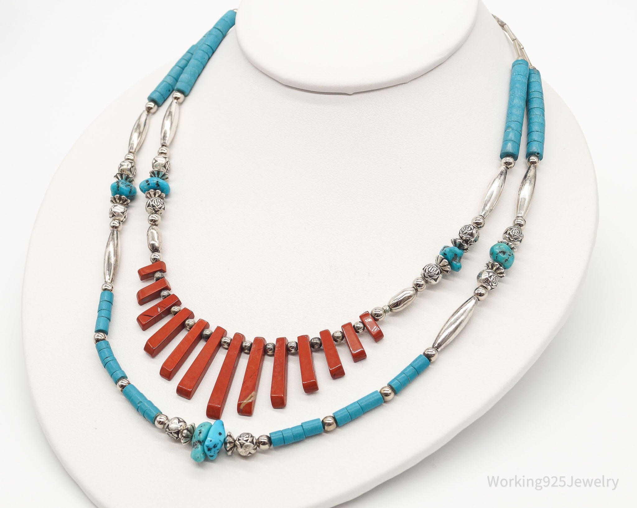 Vintage Native American Red Jasper Blue Turquoise Silver Bead Necklace 24" | Jewelry > Necklaces | Wiccan Center