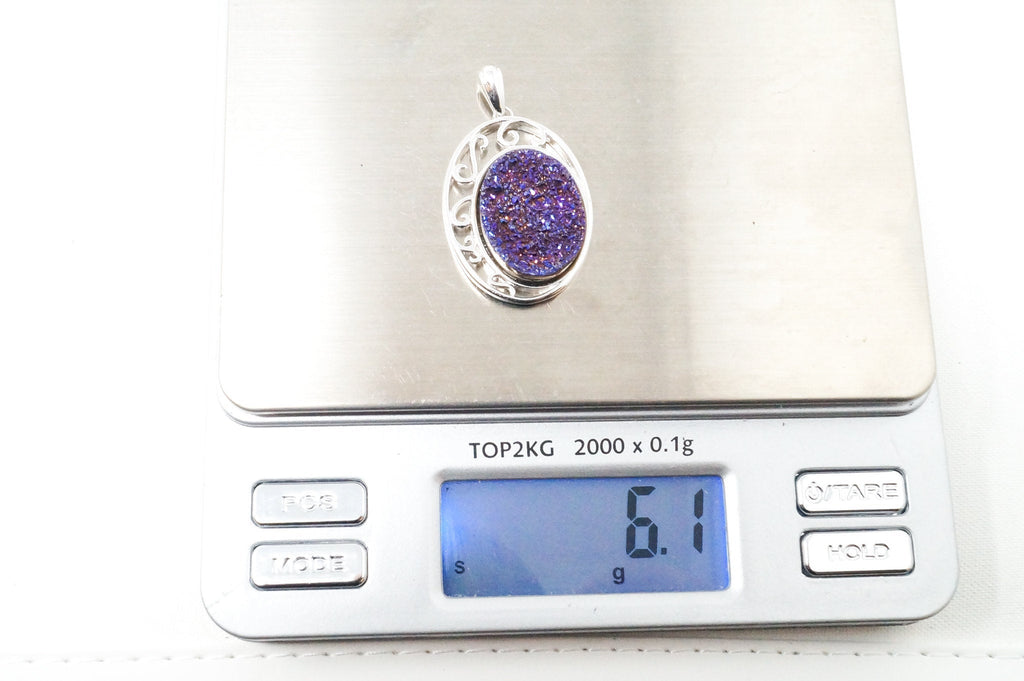 Vintage Designer TGGC Purple Druzy Quartz Art Deco Style Sterling Silver Pendant | Jewelry > Necklaces > Pendants | Wiccan Center