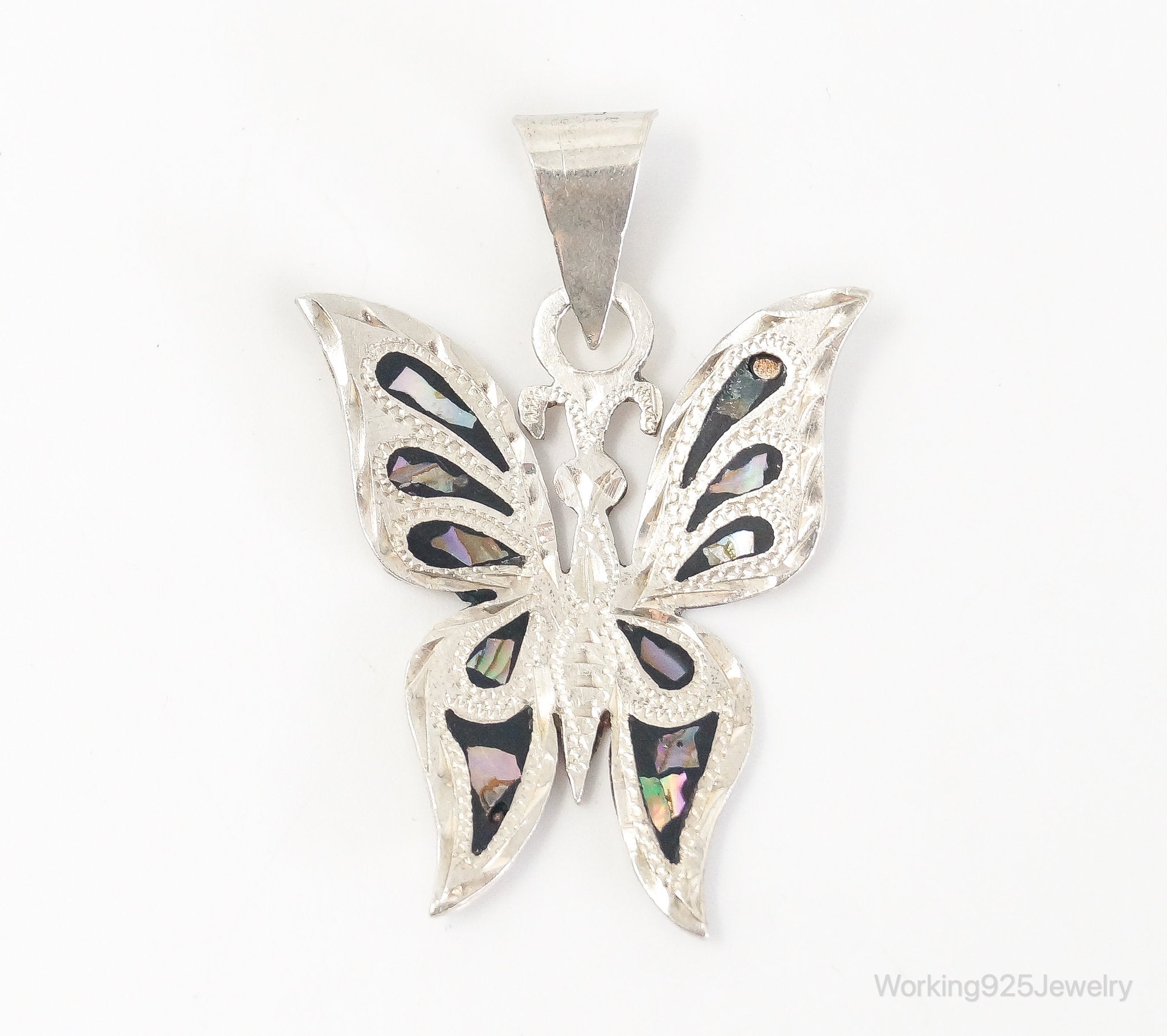 Large Vintage Mexico CC80 Abalone Etched Butterfly Sterling Silver Pendant | Jewelry > Necklaces > Pendants | Wiccan Center