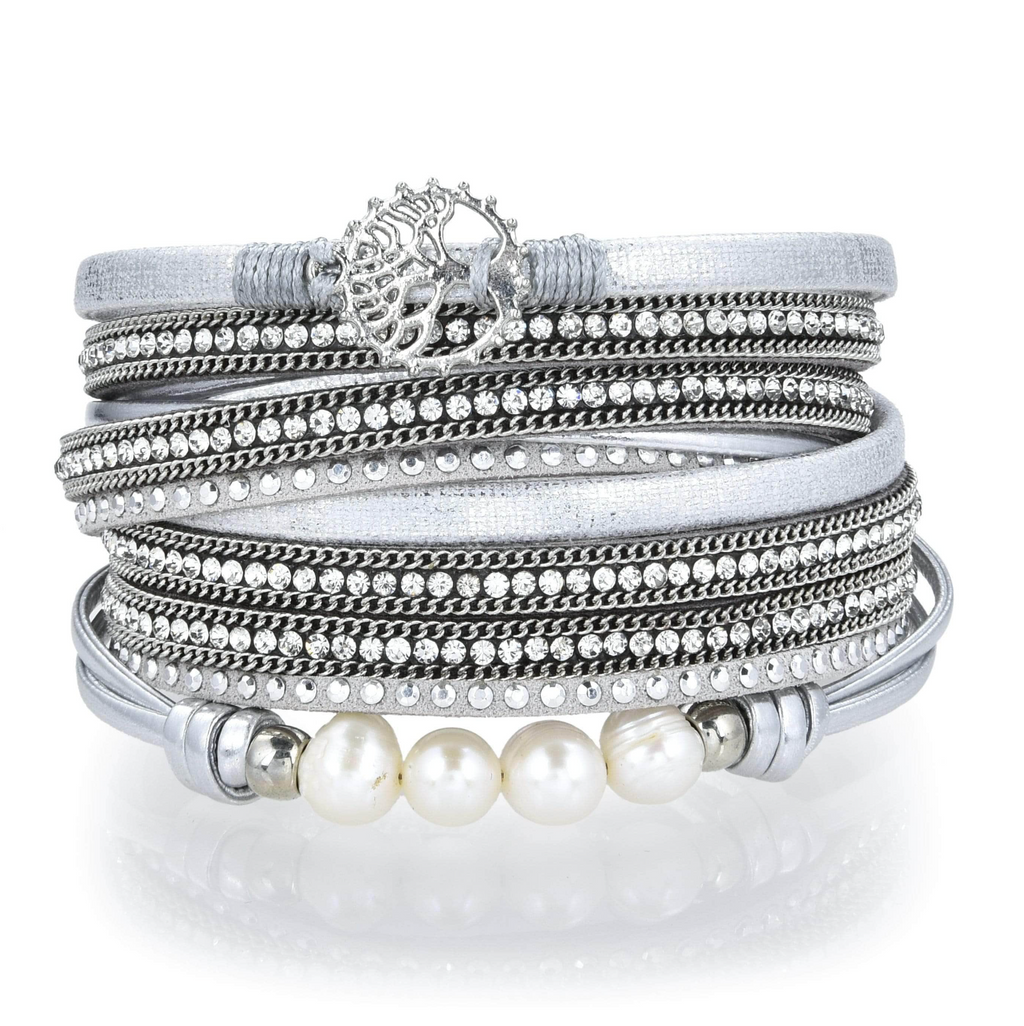 Tree Of Life Design Silver Leather & Pearls Double Wrap Bracelet with Magnetic Clasp - Sacred Geometry | Gemstone Jewelry > Bracelets | Wiccan Center