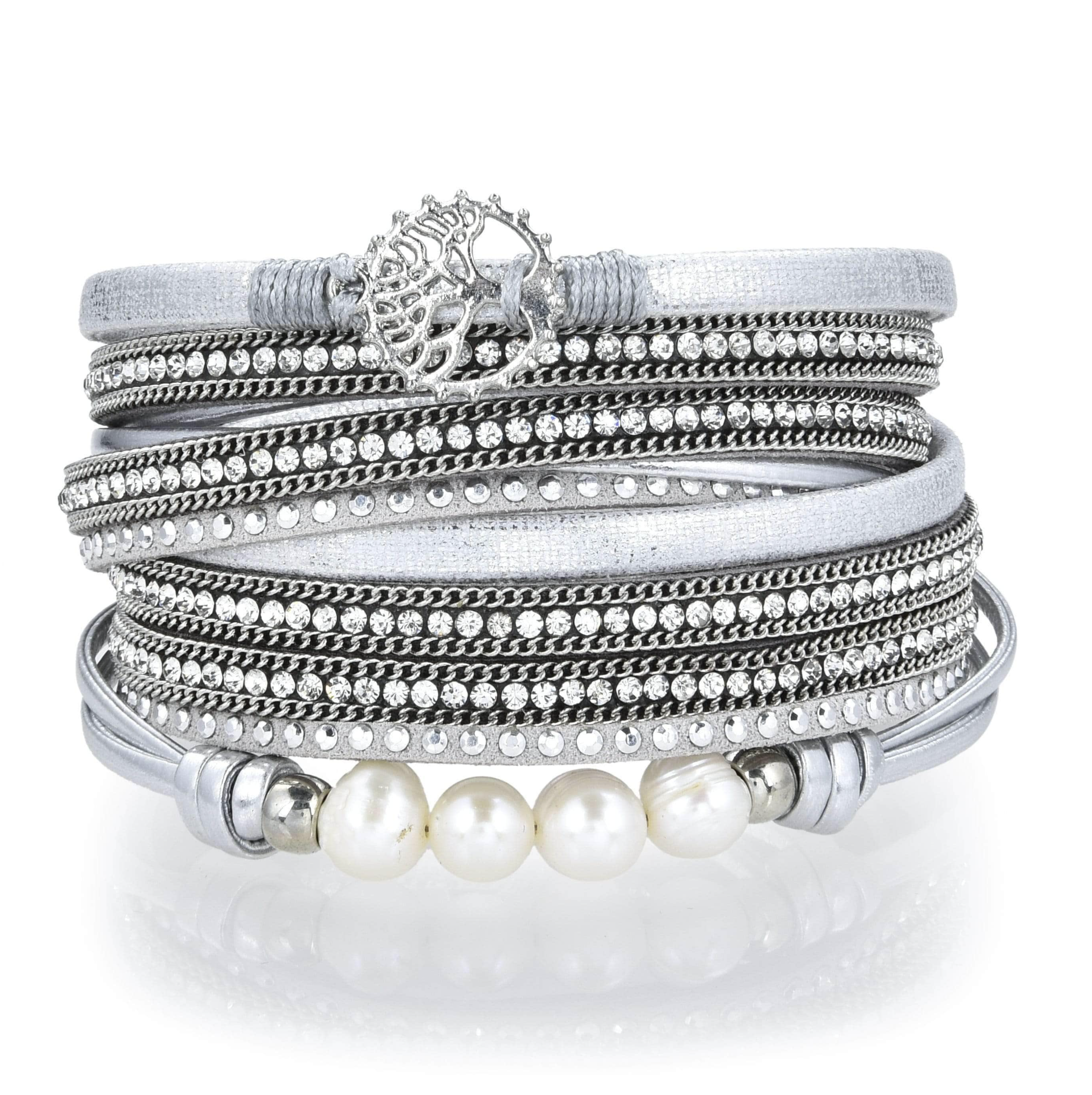 Tree Of Life Design Silver Leather & Pearls Double Wrap Bracelet with Magnetic Clasp - Sacred Geometry | Gemstone Jewelry > Bracelets | Wiccan Center