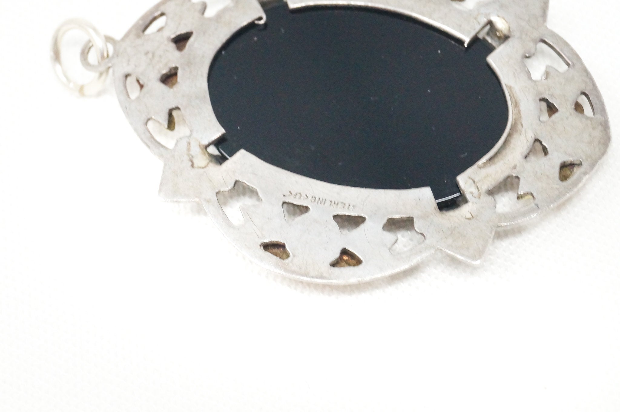 Antique Designer Uncas MFG Co Black Onyx Floral Sterling Silver Necklace Pendant | Jewelry > Necklaces > Pendants | Wiccan Center