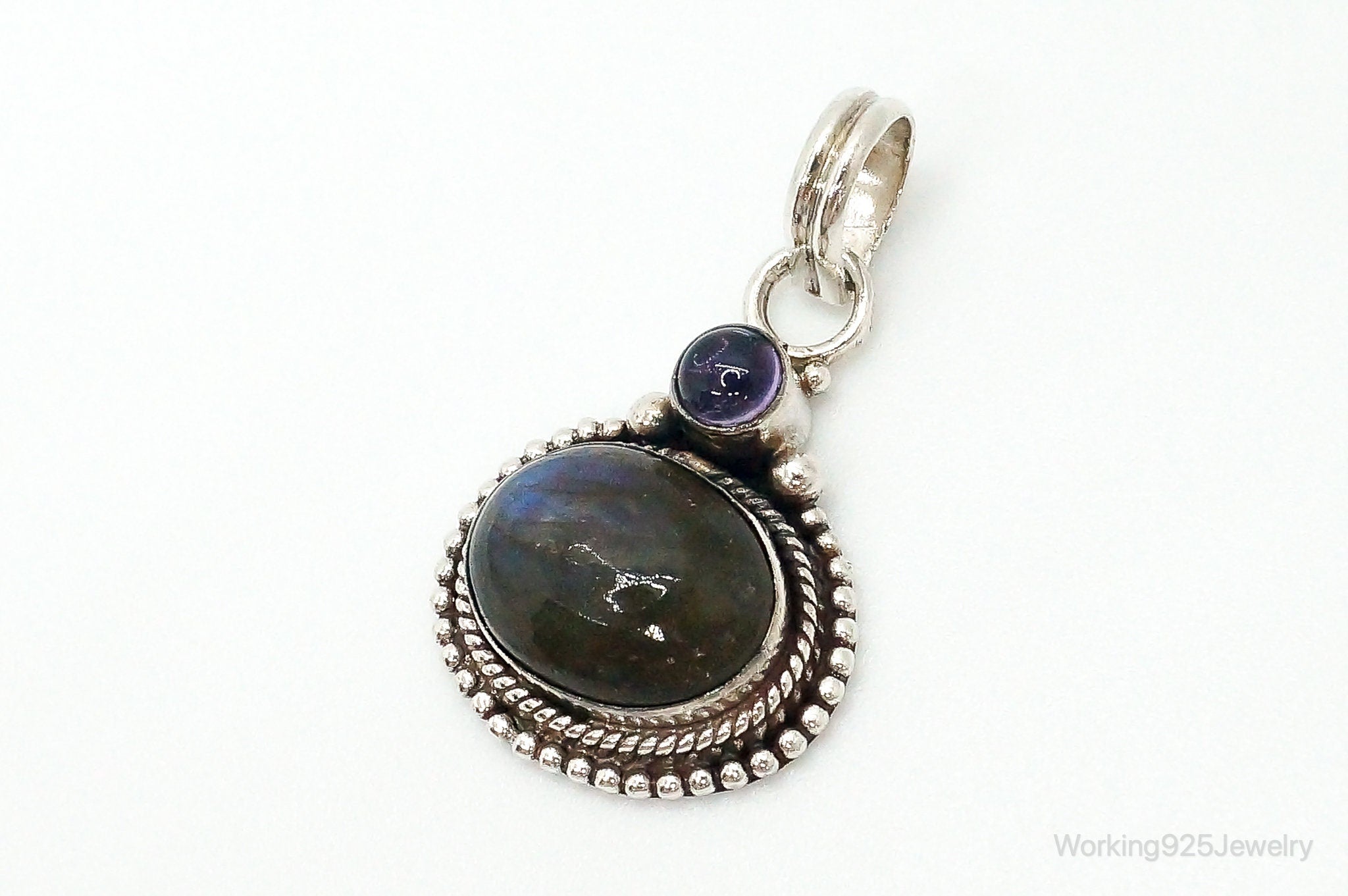 Vintage Large Labradorite Amethyst Sterling Silver Necklace Pendant | Jewelry > Necklaces > Pendants | Wiccan Center