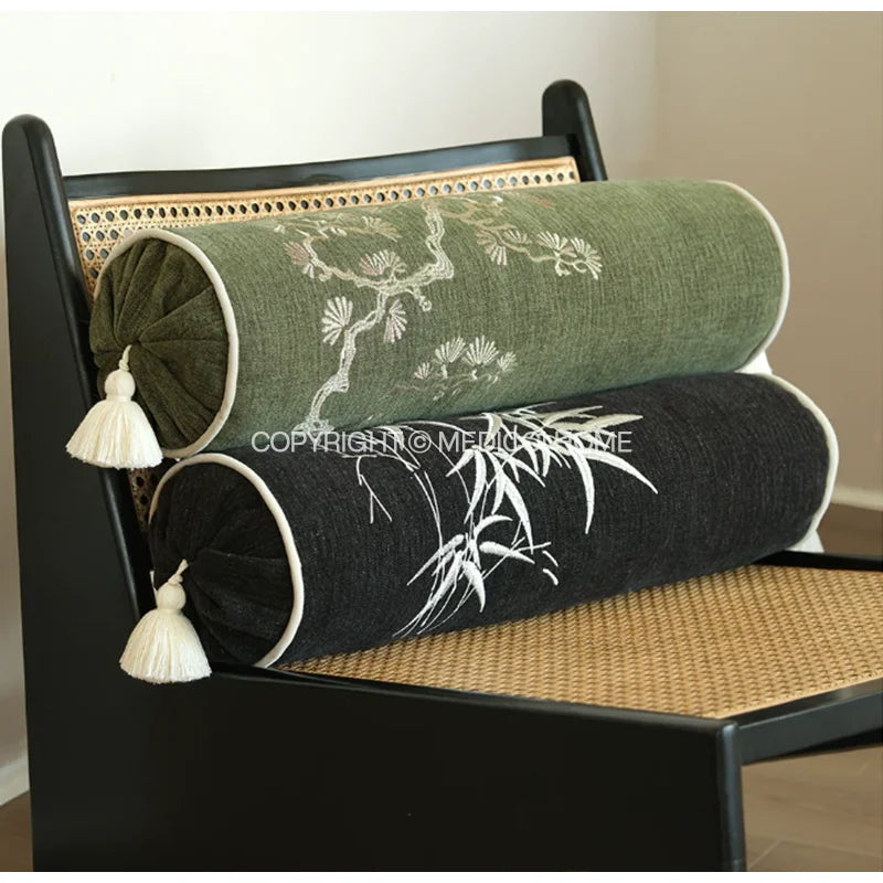 Luxury Bamboo Embroidery Cylindrical Bolster Cover (16×57cm) – Chinoiserie Neck Roll & Daybed Cushion Case | Pillowcases | Wiccan Center
