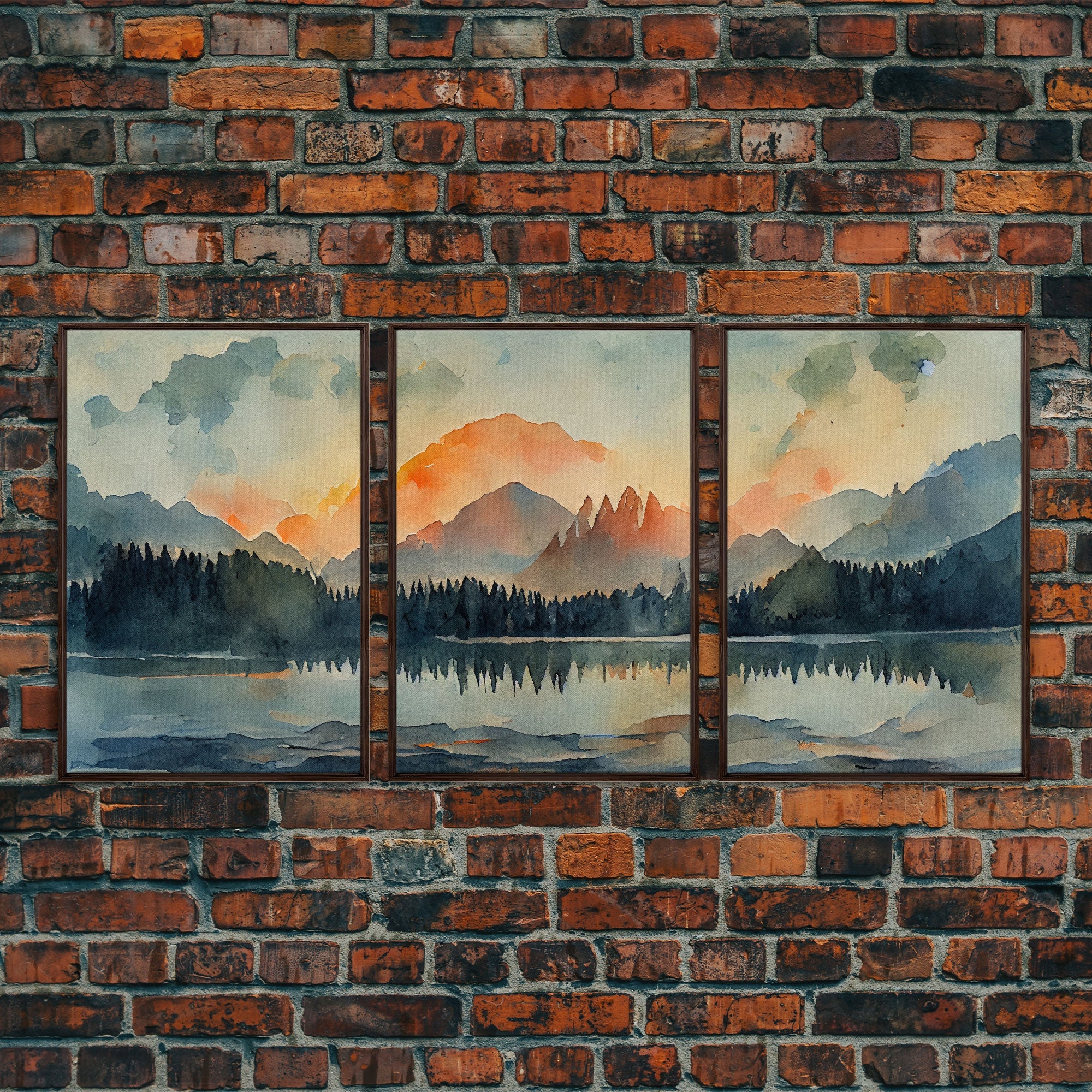 A Forest Fire, 3 Piece Canvas Wall Decor, Ready To Hang Canvas Prints, Watercolor, Orange Landscape Sunset Art, Canvas Wall Decor