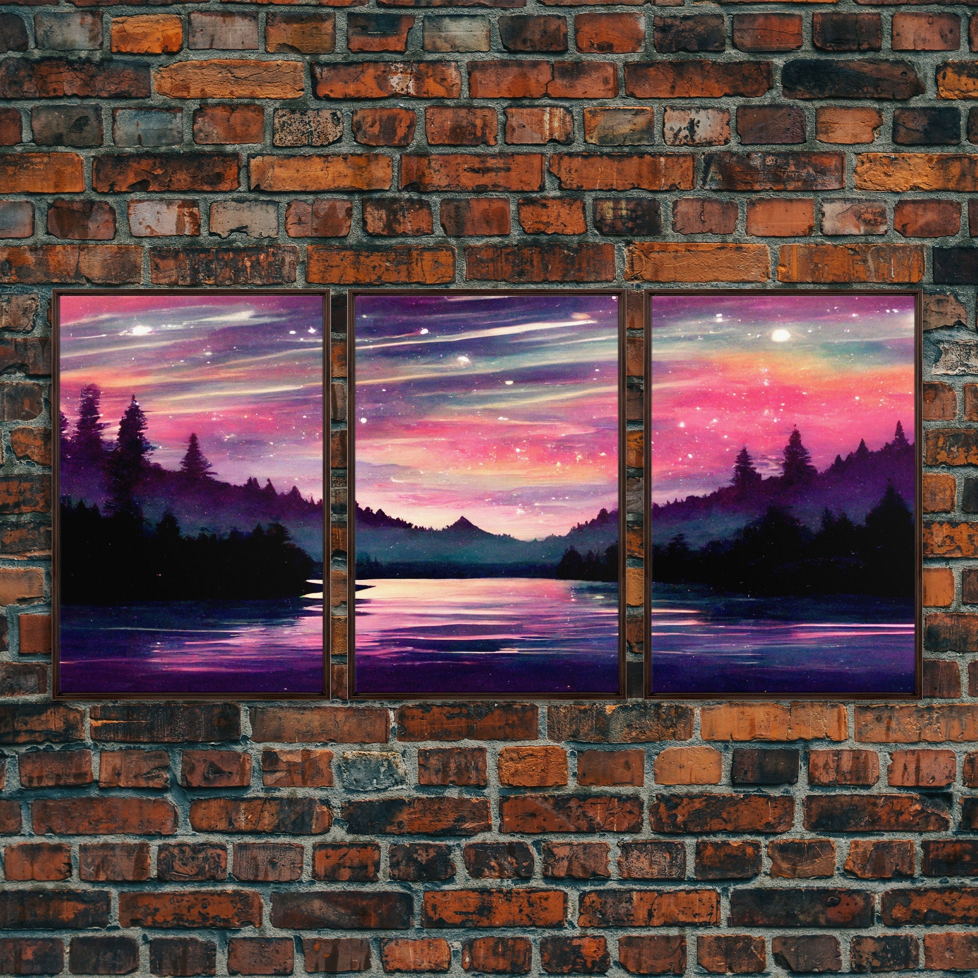 Starry Night Magical Forest Fantasy Landscape, 3 Piece Wall Art, Ready To Hang Canvas Print, Cool Living Room Wall Art Decor | | Wiccan Center