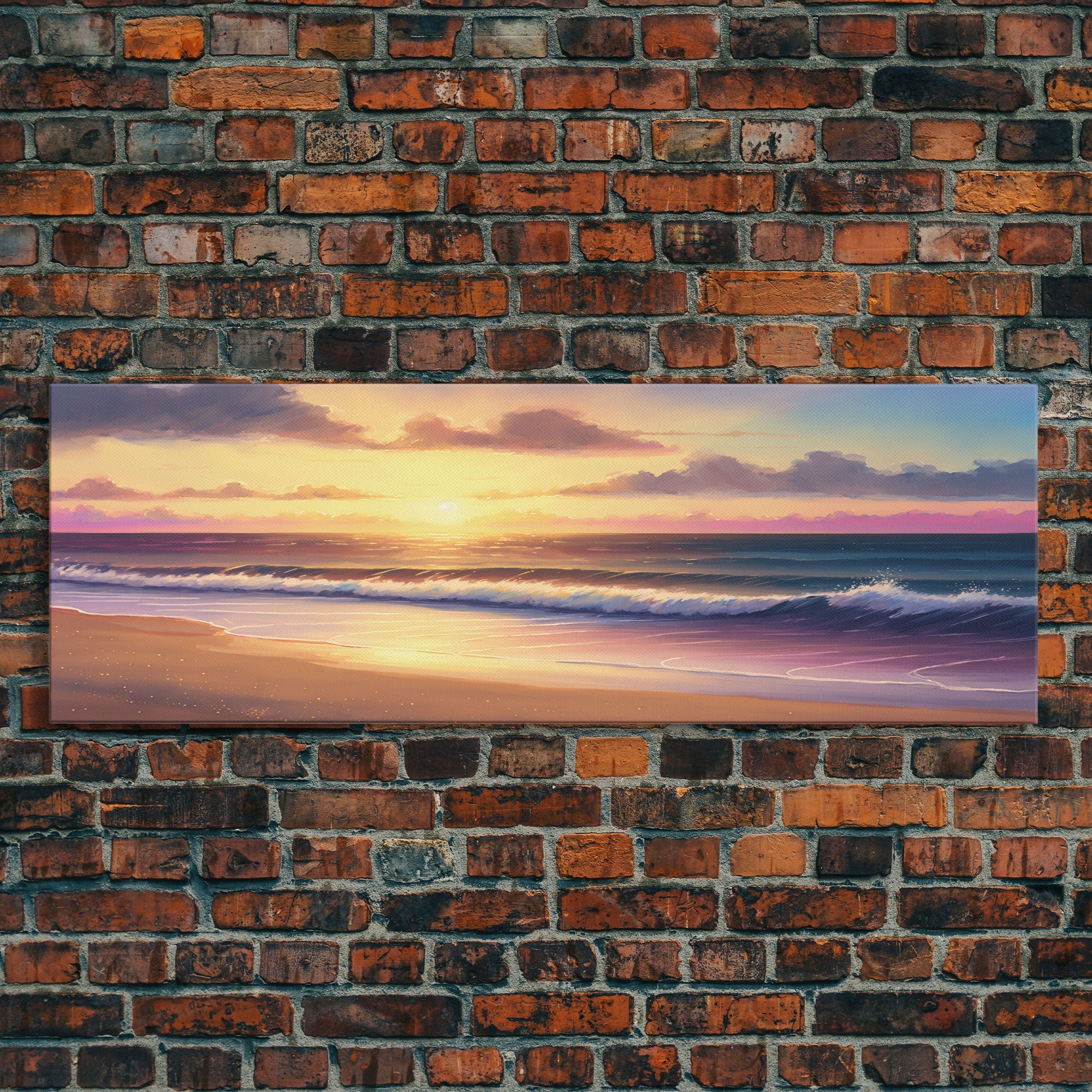 Panoramic Framed Canvas Print of Watercolor Landscape Painting Beach at Sunset - Perfect Home Decor for Tranquility and Joy