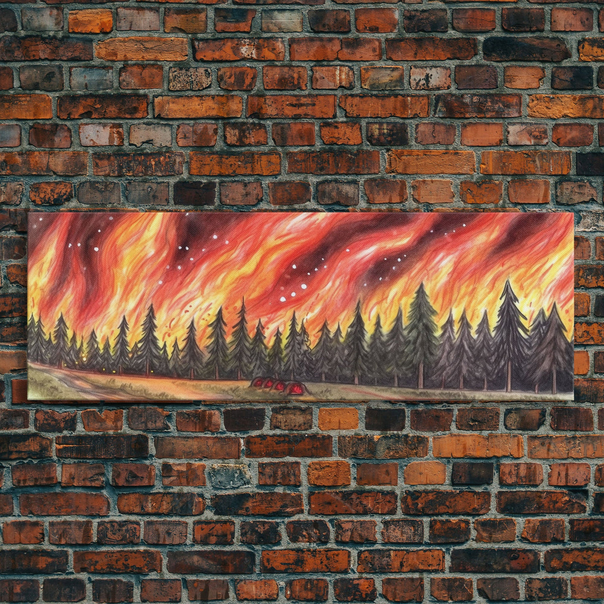 Forest Fire Art Print, Colored Pencil Art, Pines Trees, Flames, Red Art, Wall Decor, Framed Art, Panoramic, Wall Art, Canvas Print | | Wiccan Center