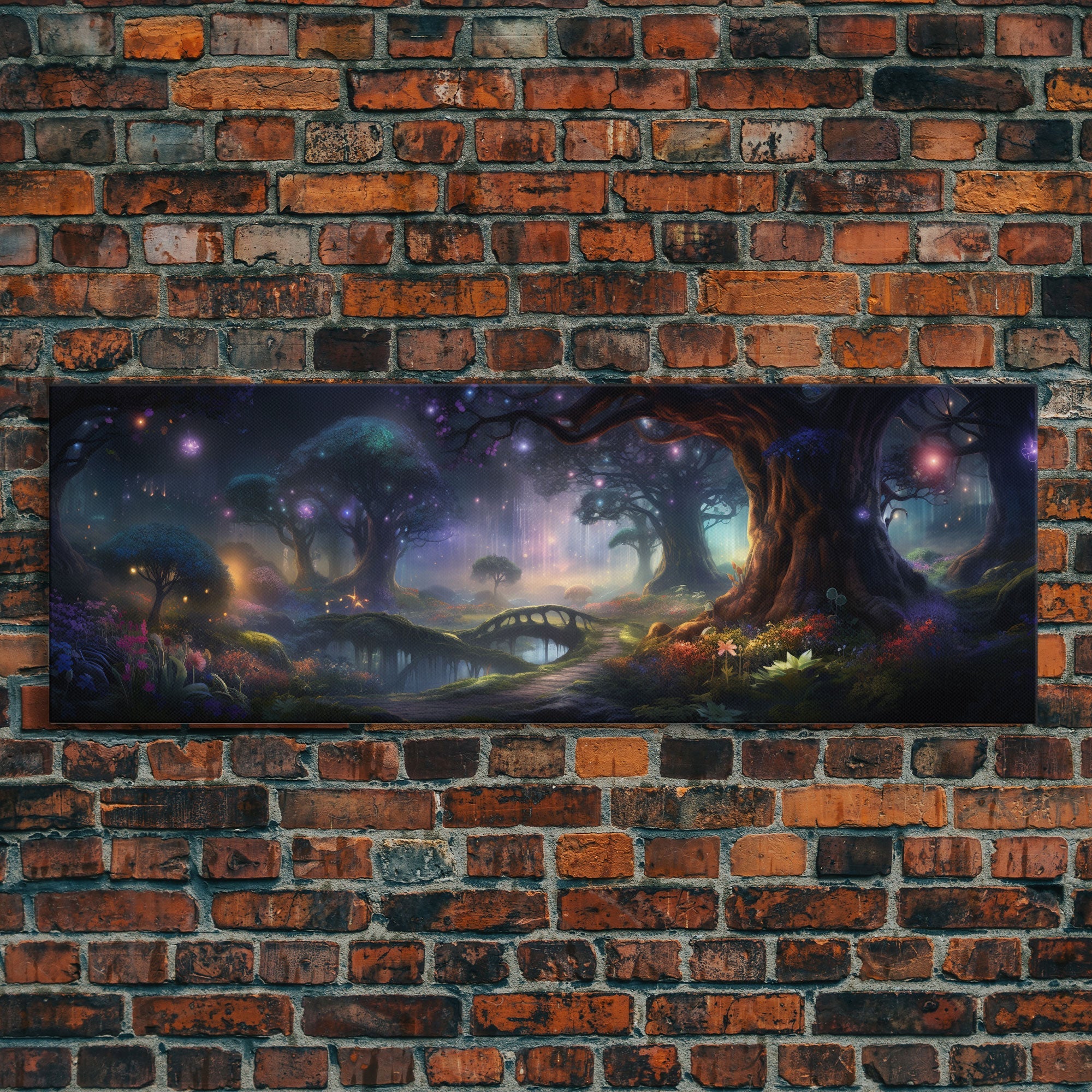 Spiritual Fantasy Forest Wall Art Print, Lanterns and Glowing Trees and Rivers, Fantasy Painting, Living Room Wall Art