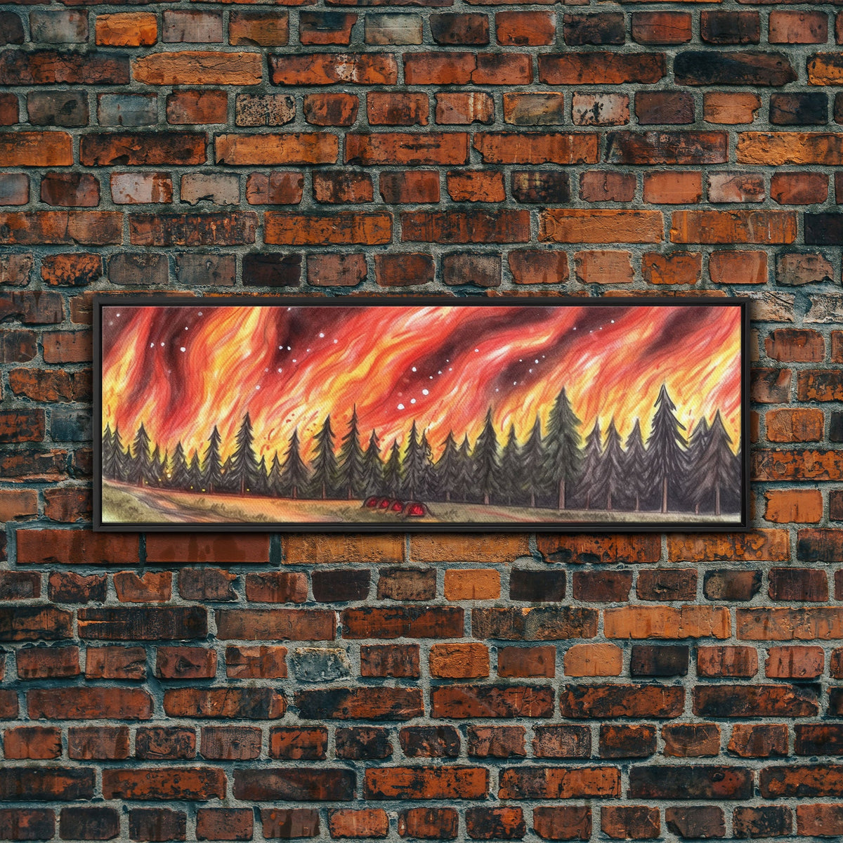 Forest Fire Art Print, Colored Pencil Art, Pines Trees, Flames, Red Art, Wall Decor, Framed Art, Panoramic, Wall Art, Canvas Print | | Wiccan Center