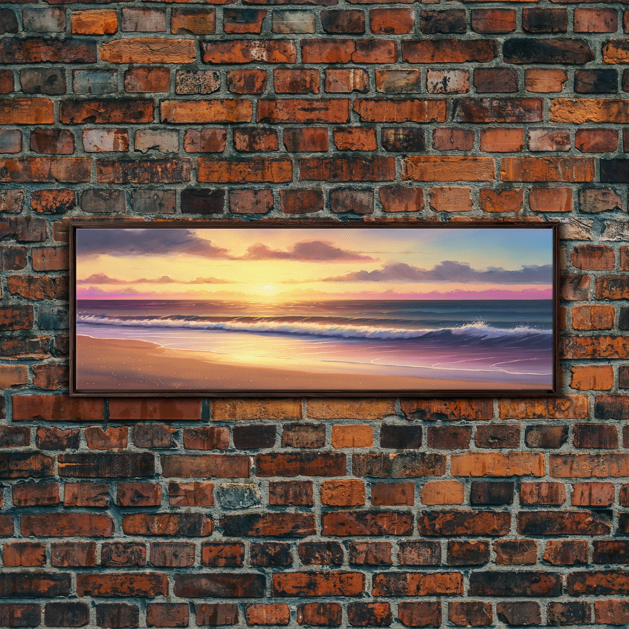 Panoramic Framed Canvas Print of Watercolor Landscape Painting Beach at Sunset - Perfect Home Decor for Tranquility and Joy