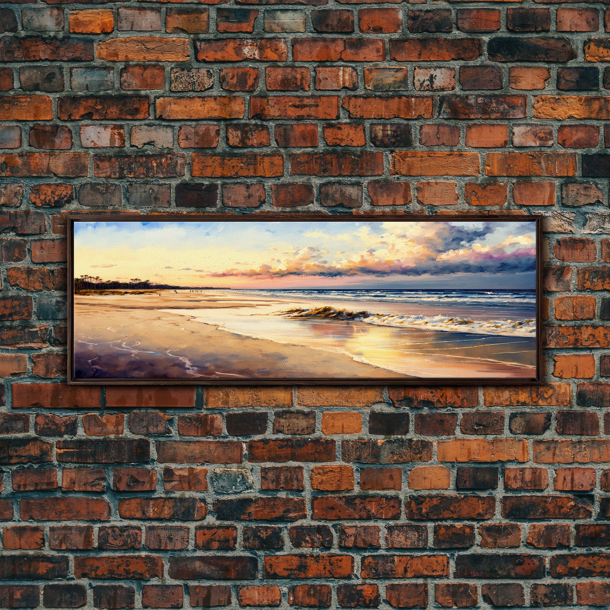 Panoramic Beach Sunset Canvas Print, Watercolor Landscape Framed Art, Whimsical Home Decor, Nature Wall Art, Wide Wall Art