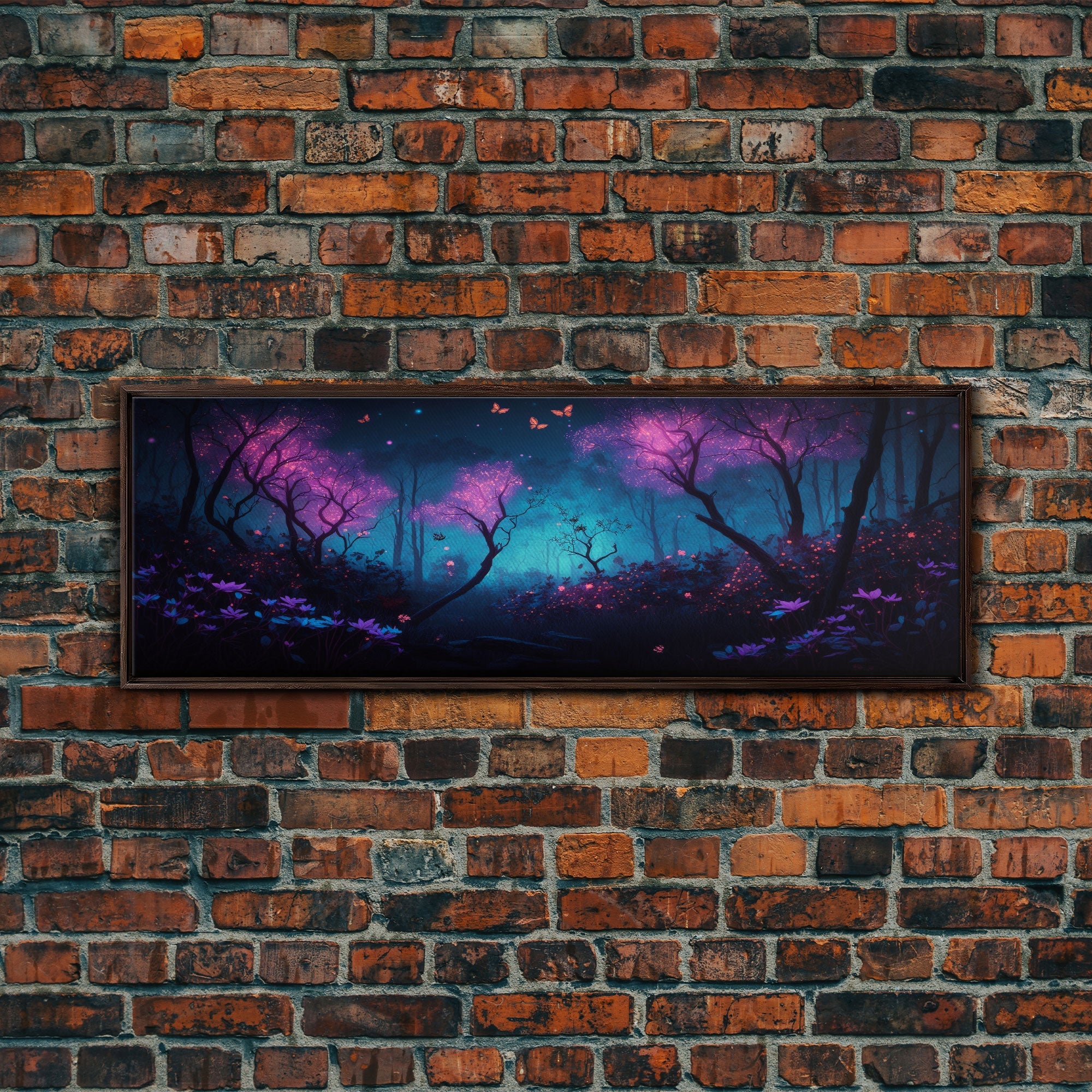 Beautiful Fantasy Forest, Framed Canvas Print, Fantasy Art, Butterflies and Fireflies Light up a Fairy Forest At Night, Framed Wall Art