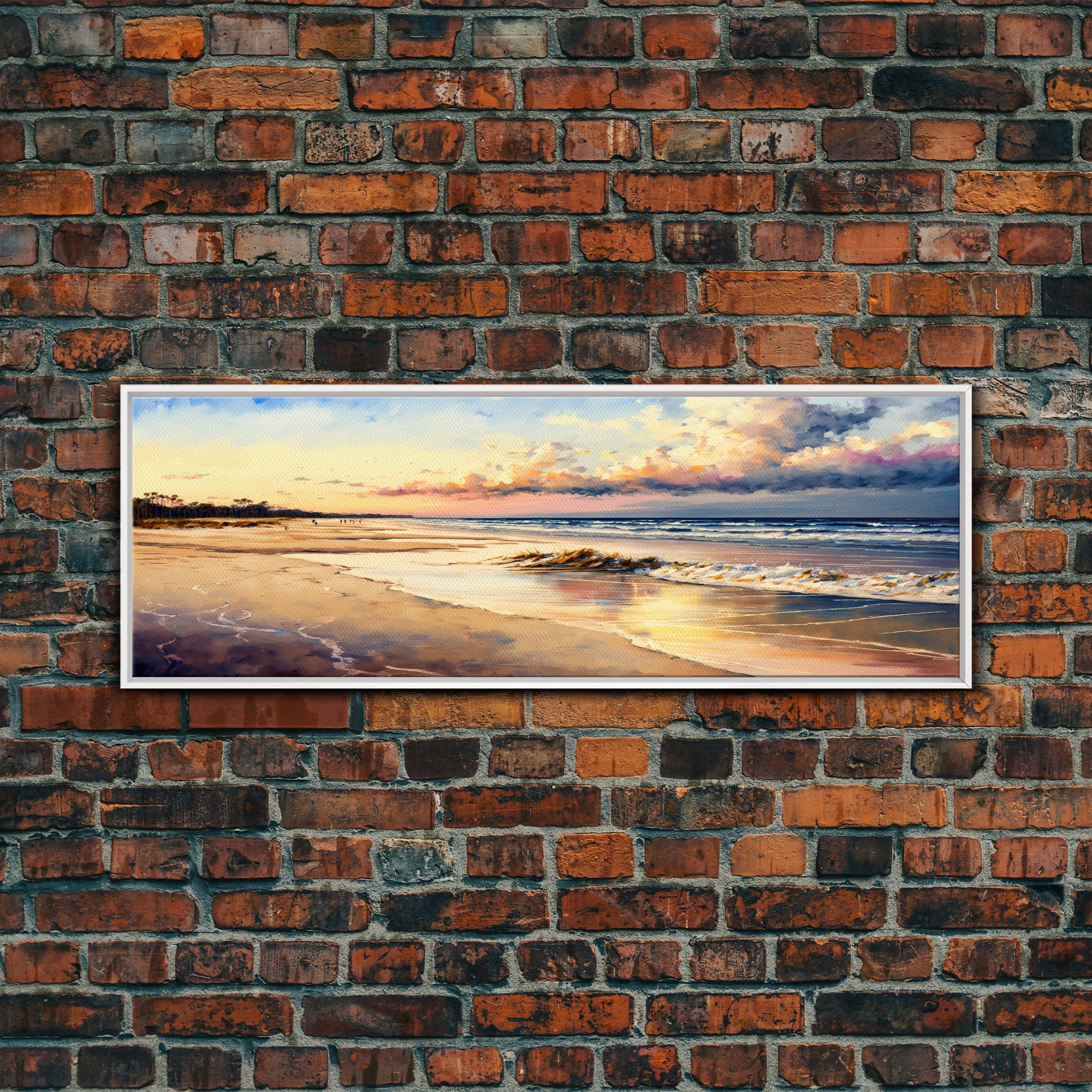 Panoramic Beach Sunset Canvas Print, Watercolor Landscape Framed Art, Whimsical Home Decor, Nature Wall Art, Wide Wall Art