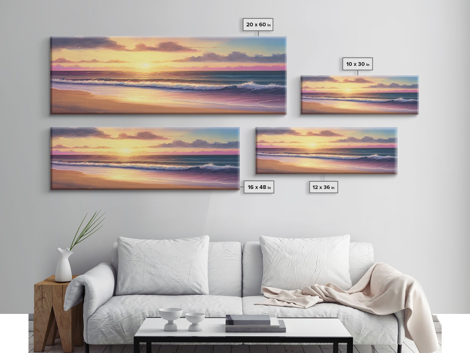Panoramic Framed Canvas Print of Watercolor Landscape Painting Beach at Sunset - Perfect Home Decor for Tranquility and Joy