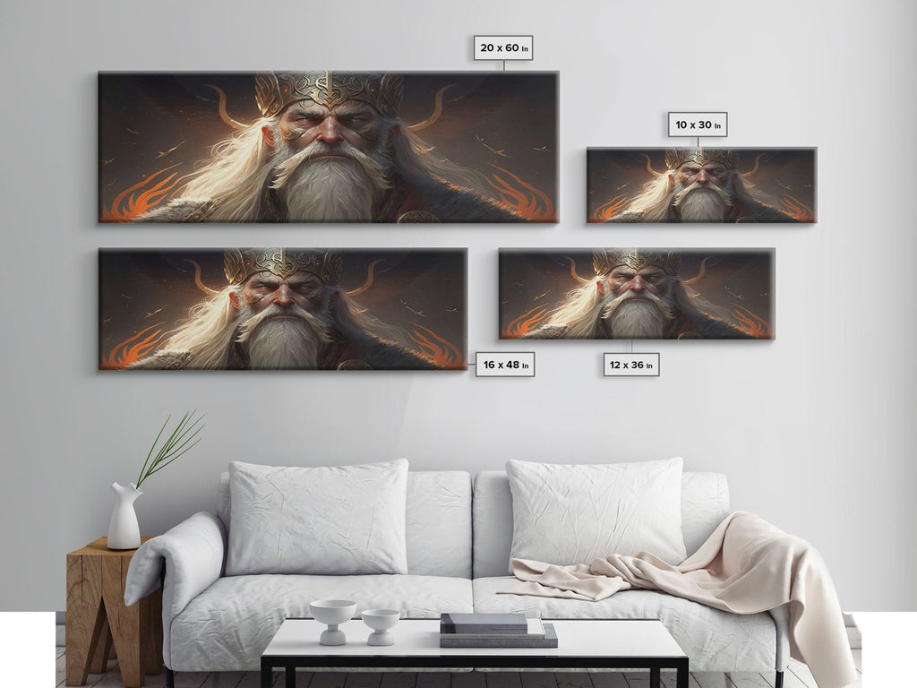 Panoramic Portrait of Odin, Norse Mythology Painting, Framed Wall Art, Man Cave Decor | | Wiccan Center