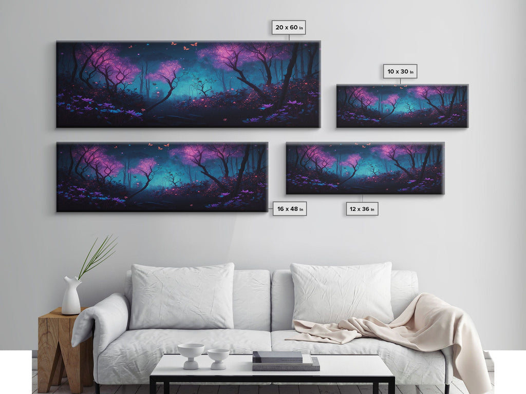 Beautiful Fantasy Forest, Framed Canvas Print, Fantasy Art, Butterflies and Fireflies Light up a Fairy Forest At Night, Framed Wall Art | | Wiccan Center