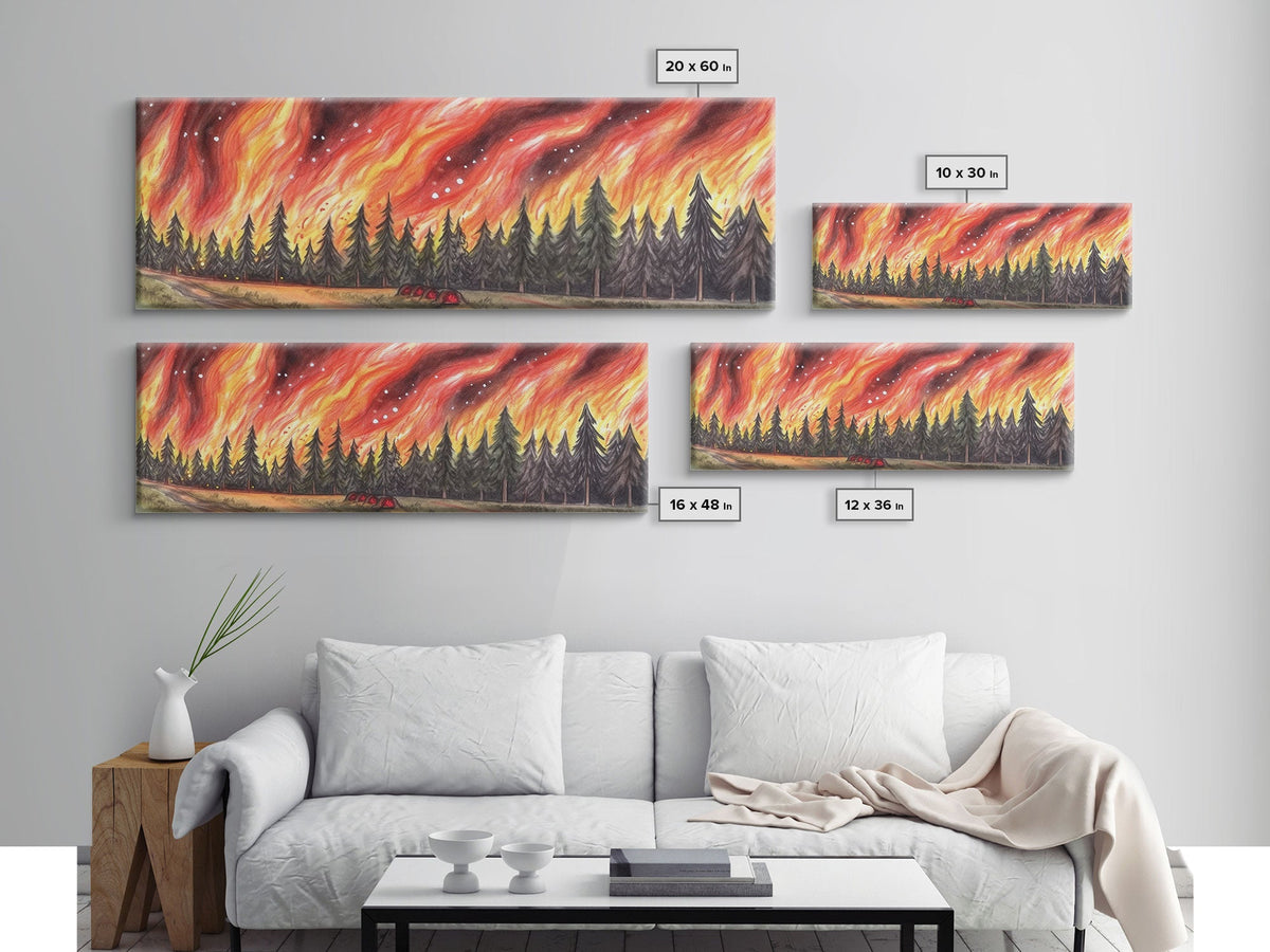 Forest Fire Art Print, Colored Pencil Art, Pines Trees, Flames, Red Art, Wall Decor, Framed Art, Panoramic, Wall Art, Canvas Print | | Wiccan Center