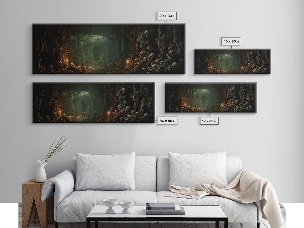 The Skull Crypt Panoramic Canvas Print, Framed Halloween Art, Spooky Decor, Halloween Art, Halloween Wall Art, Halloween Art Print | | Wiccan Center