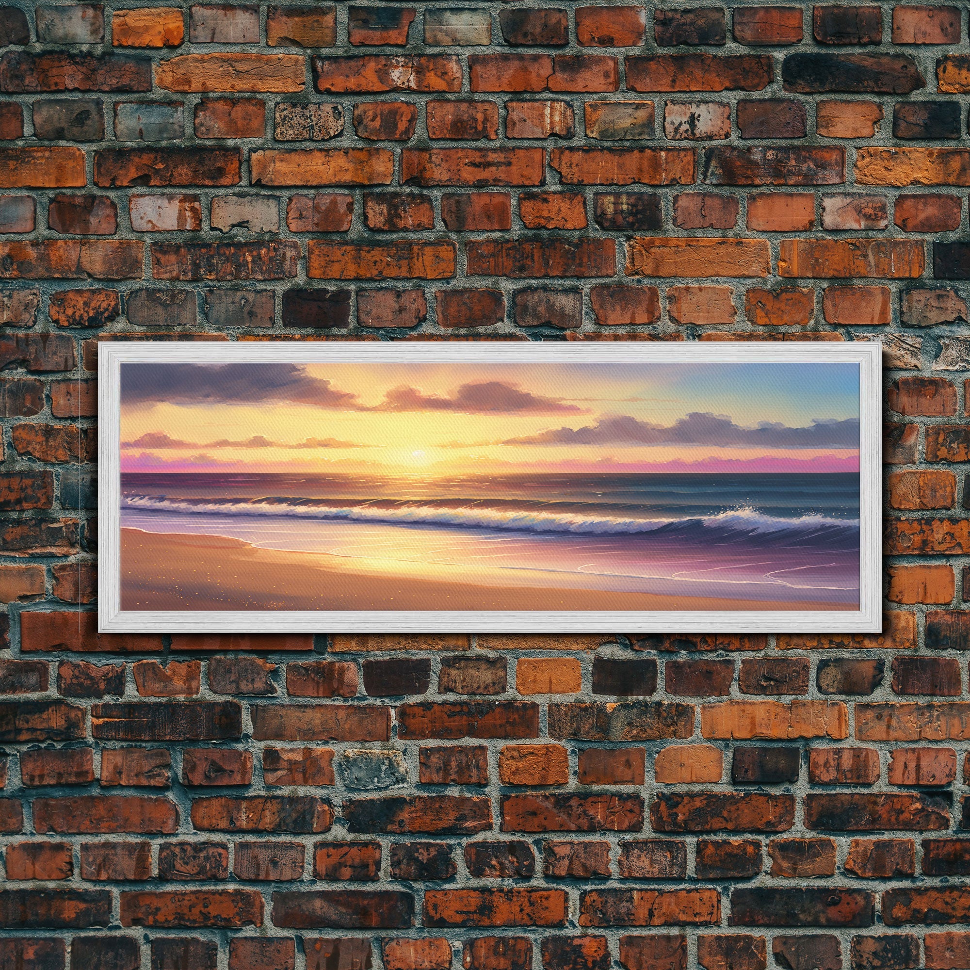 Panoramic Framed Canvas Print of Watercolor Landscape Painting Beach at Sunset - Perfect Home Decor for Tranquility and Joy