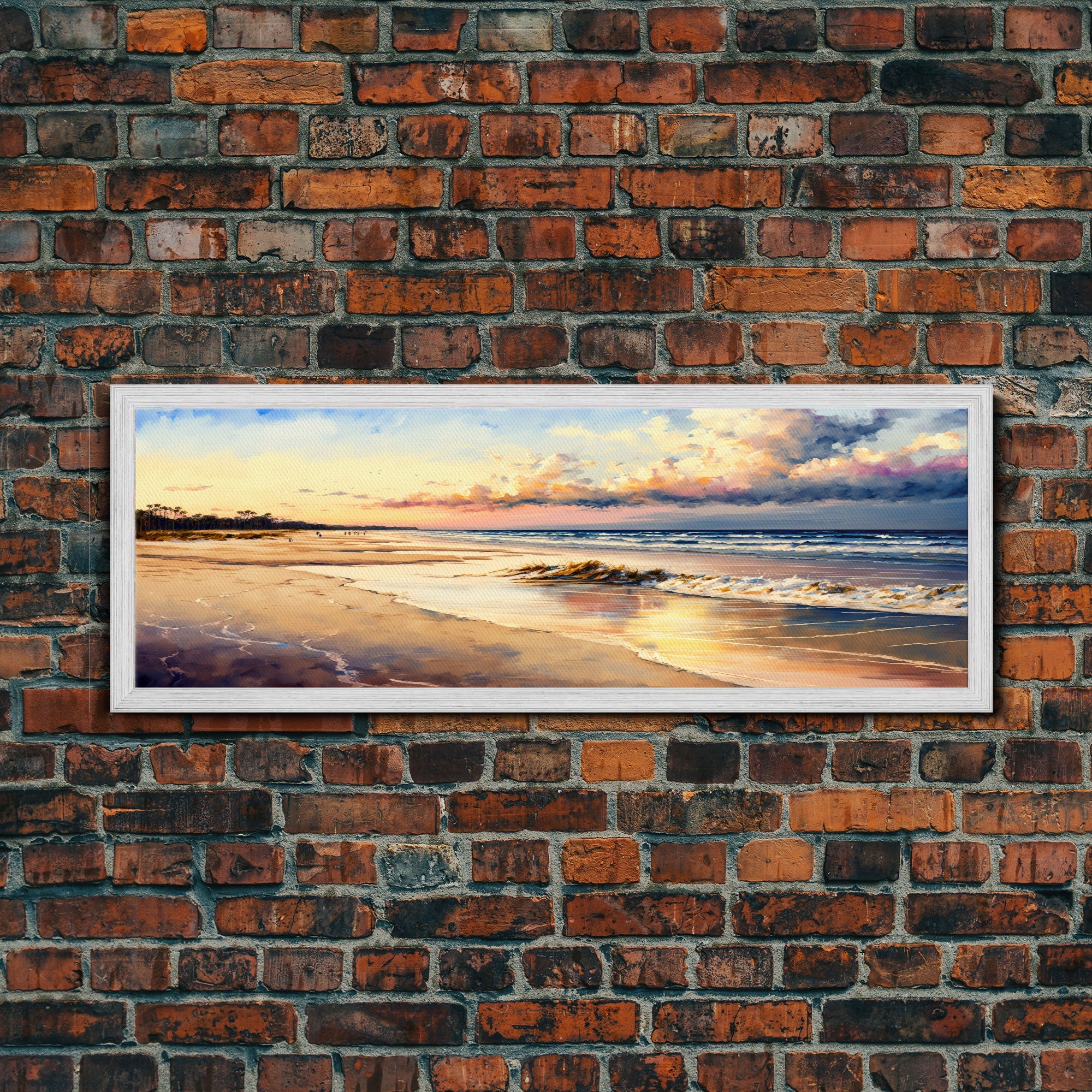 Panoramic Beach Sunset Canvas Print, Watercolor Landscape Framed Art, Whimsical Home Decor, Nature Wall Art, Wide Wall Art
