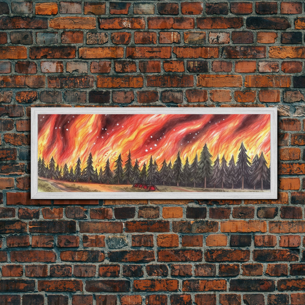 Forest Fire Art Print, Colored Pencil Art, Pines Trees, Flames, Red Art, Wall Decor, Framed Art, Panoramic, Wall Art, Canvas Print | | Wiccan Center
