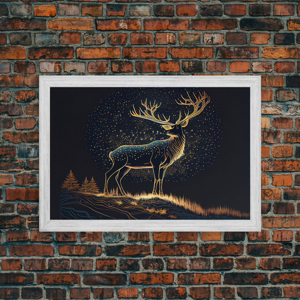 Deer made of stars, reflection stag, framed canvas print, unique wall art, starry night stag