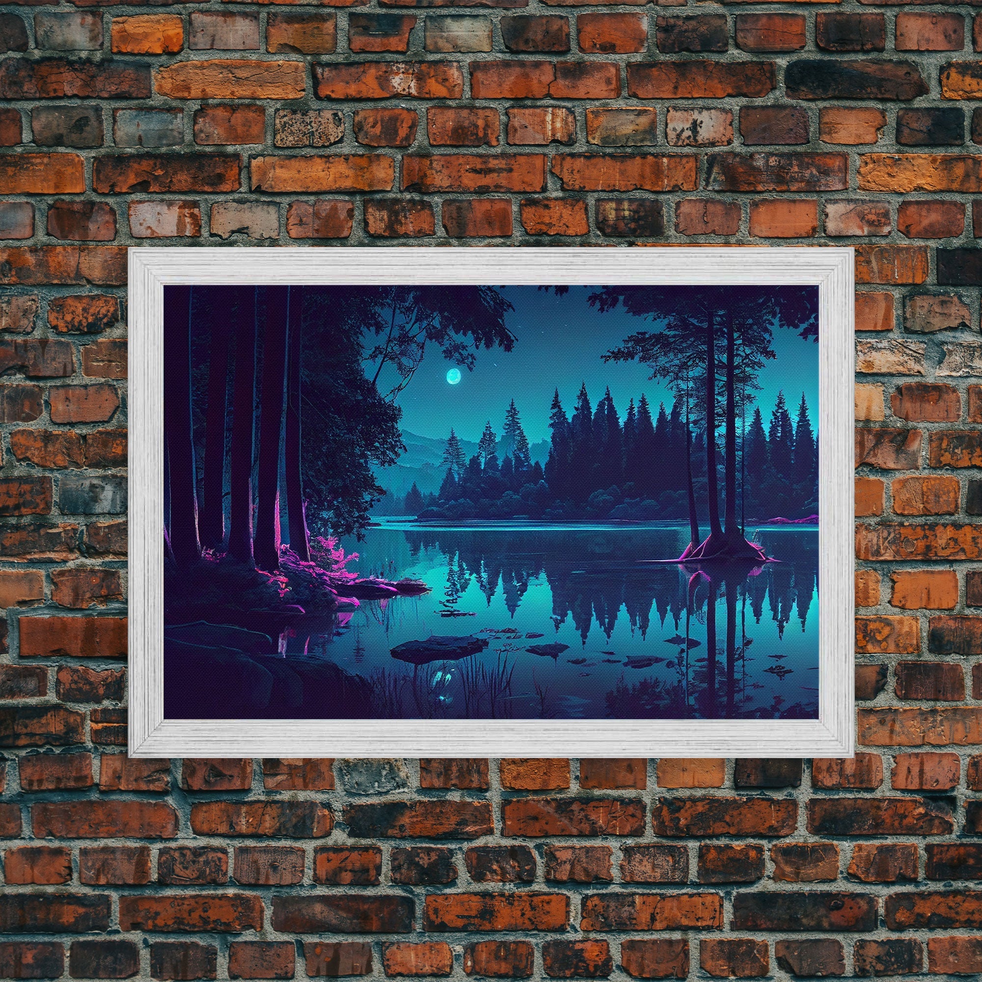 Vaporwave Full moon over the lake at midnight, framed canvas print, subdued art, watercolor painting print