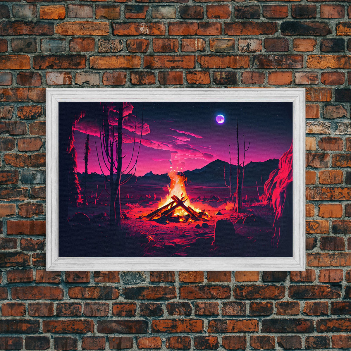 Primitive Art, Campfire Painting Print, Framed Canvas Print, Synthwave Farmhouse Decor | | Wiccan Center