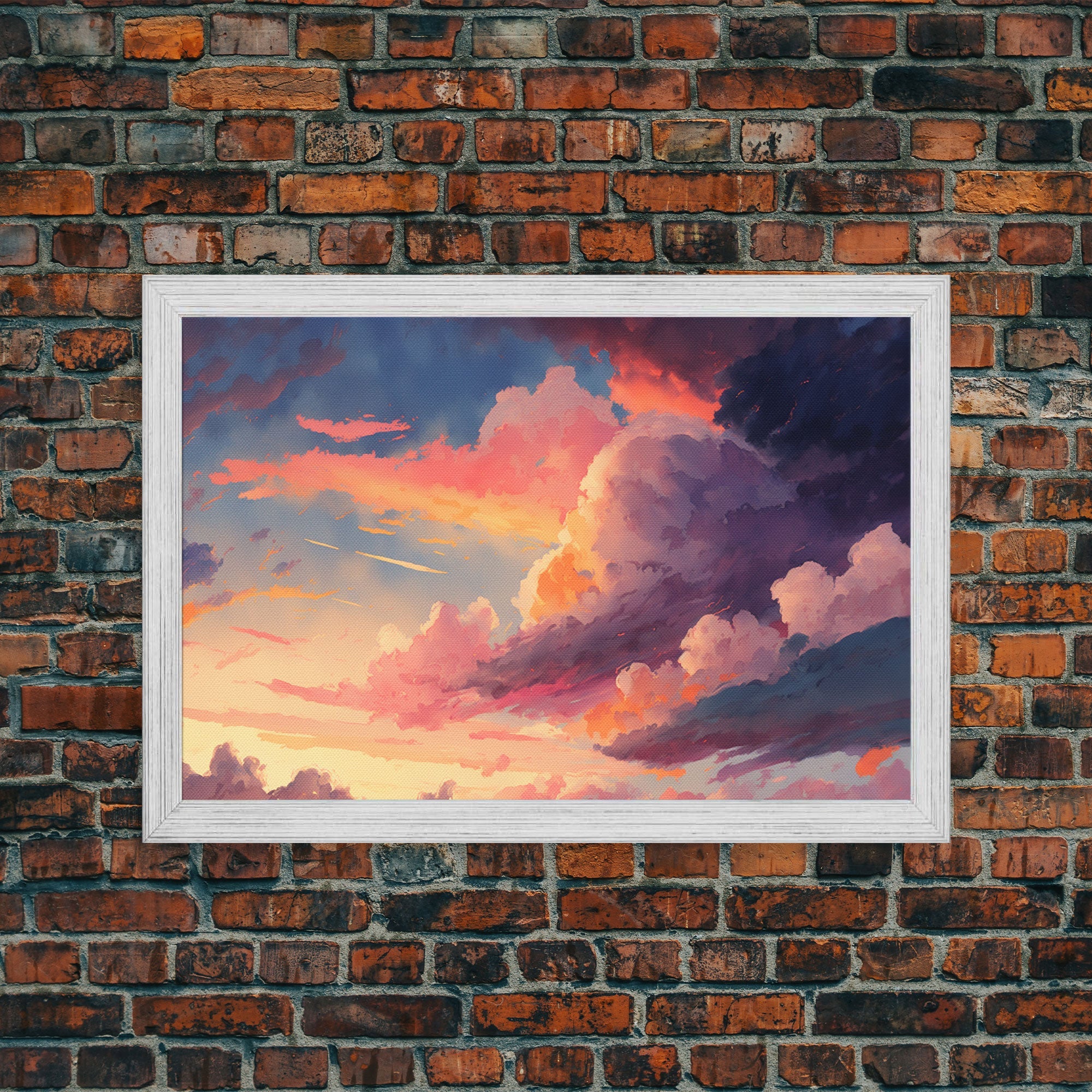 Pink Clouds Sunset Art | Framed Canvas Print | Vintage Style Painting Print | Whimsical Boho Decor | Modern Farmhouse Art
