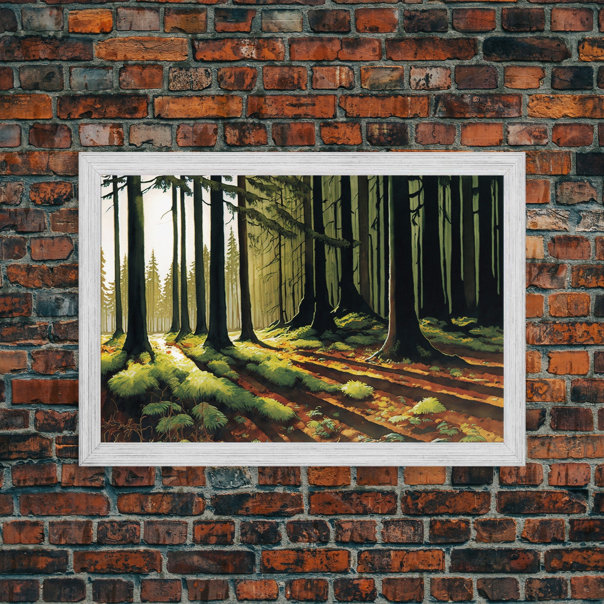 Watercolor of a sunset in a fall forest, framed canvas print, framed wall art, living room wall decor, autumn tones
