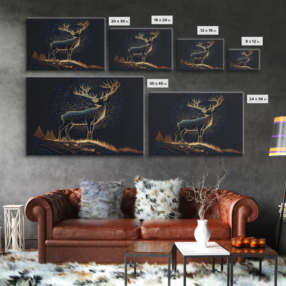 Deer made of stars, reflection stag, framed canvas print, unique wall art, starry night stag