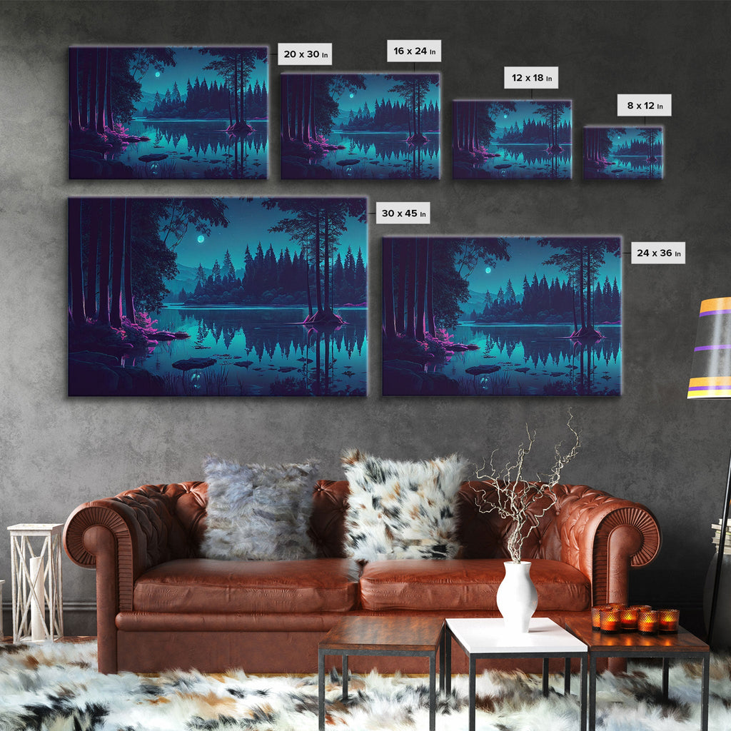 Vaporwave Full moon over the lake at midnight, framed canvas print, subdued art, watercolor painting print | | Wiccan Center