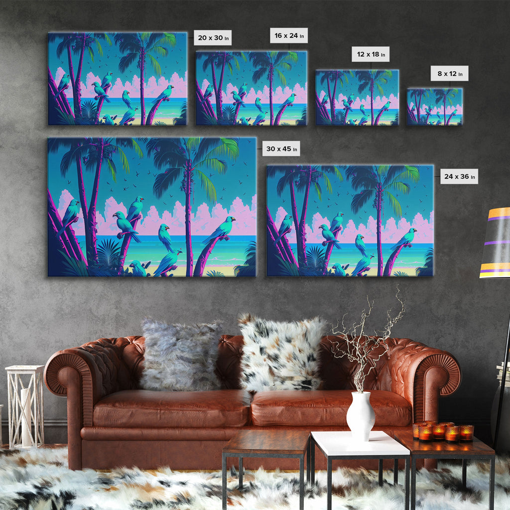 Tropical birds of paradise, synthwave, vaporwave wall art, framed canvas print | | Wiccan Center