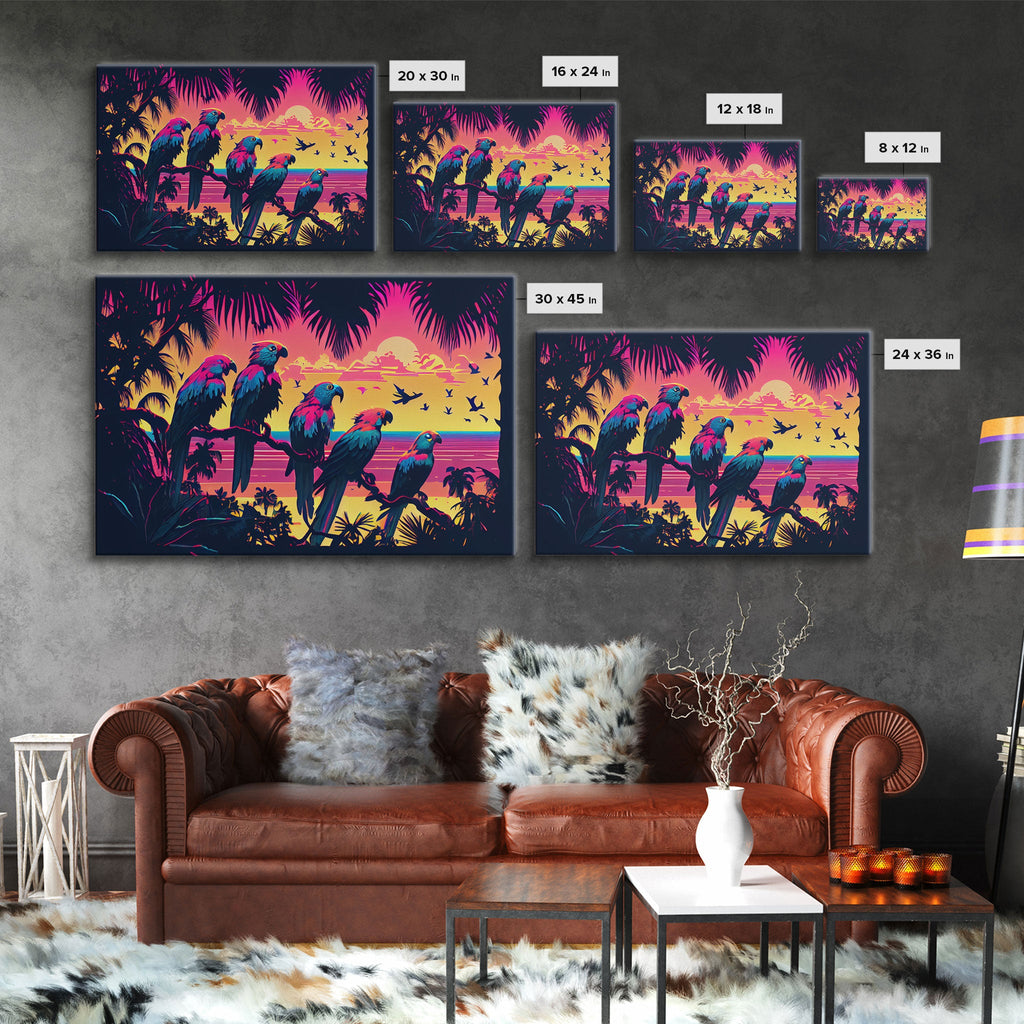 Tropical birds of paradise, synthwave, vaporwave wall art, framed canvas print | | Wiccan Center