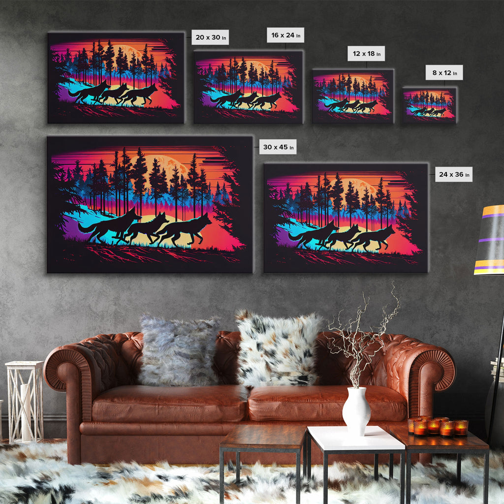 Wolves on the hunt at sunset, synthwave animal art, framed canvas print, vaporwave aesthetic animal art | | Wiccan Center