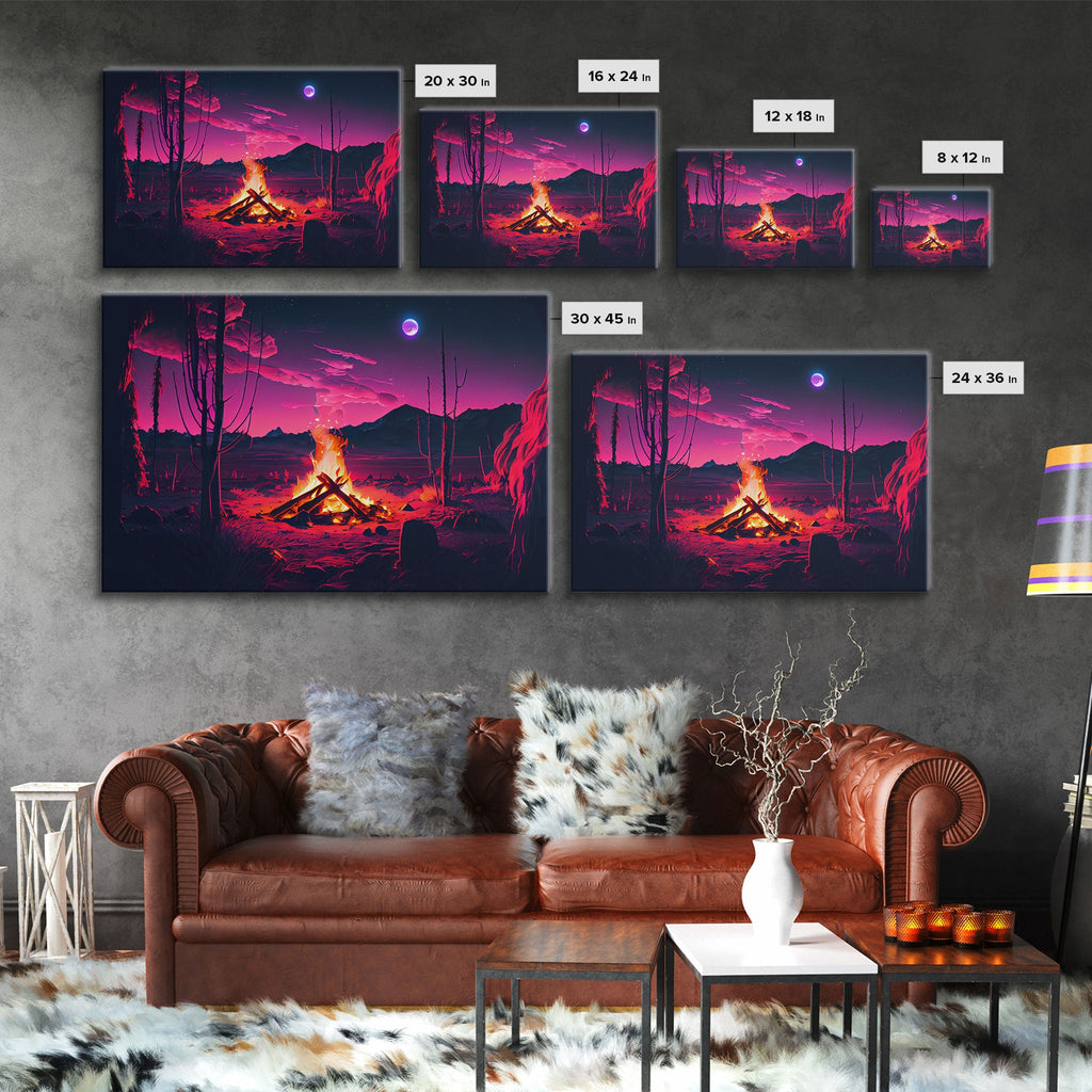 Primitive Art, Campfire Painting Print, Framed Canvas Print, Synthwave Farmhouse Decor | | Wiccan Center