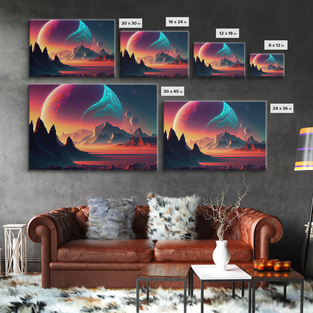 3 Moon Fantasy World, Retro Style Sci-Fi Art, Framed Canvas Print, Futuristic Art, Fantasy Decor | | Wiccan Center