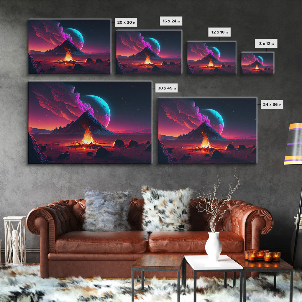 Campfire under a Full Moon, Framed canvas print, retro synthwave / outrun style primitive home decor