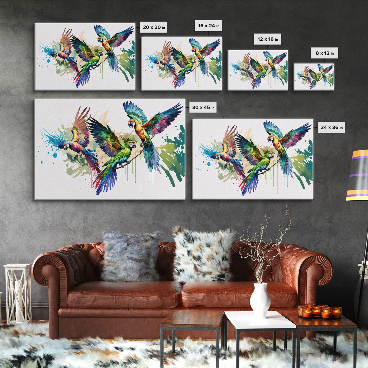 Birds of Paradise | 3 Watercolor Parrots | Framed Canvas Print | Colorful Boho Style Wall Decoration